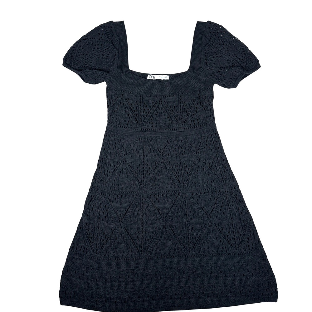 Crochet Black Knit Mini Dress Square Neck Puff Sleeve cottage Whimsigoth